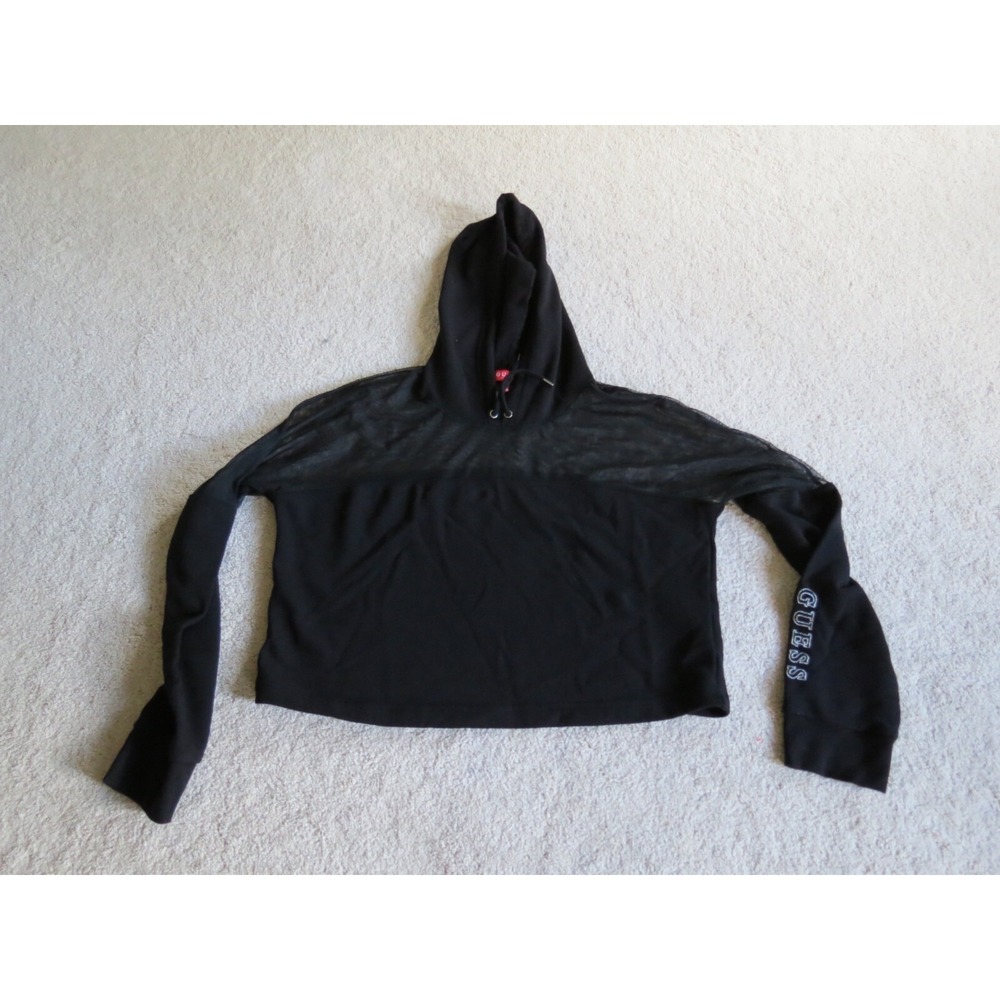 Guess Women Black Mesh Shoulder Crop Top Pullover Hoodie Sweatshirt XL